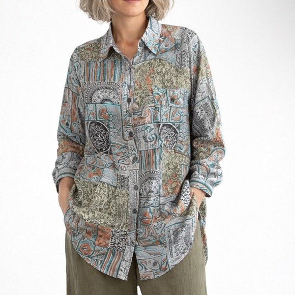 Diane Gilman Tops - VINTAGE DIANE GILMAN 90s Silk Tapestry Button Top Oversized Lagenlook Art Wear M